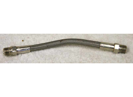 5.75” steel braided hose, used shape, has a bend in it