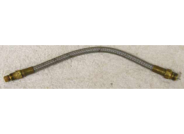 8.75” steel braided hose with brass ends in used shape with filter (stuck in need to unwrench it) has wrench marks on ends