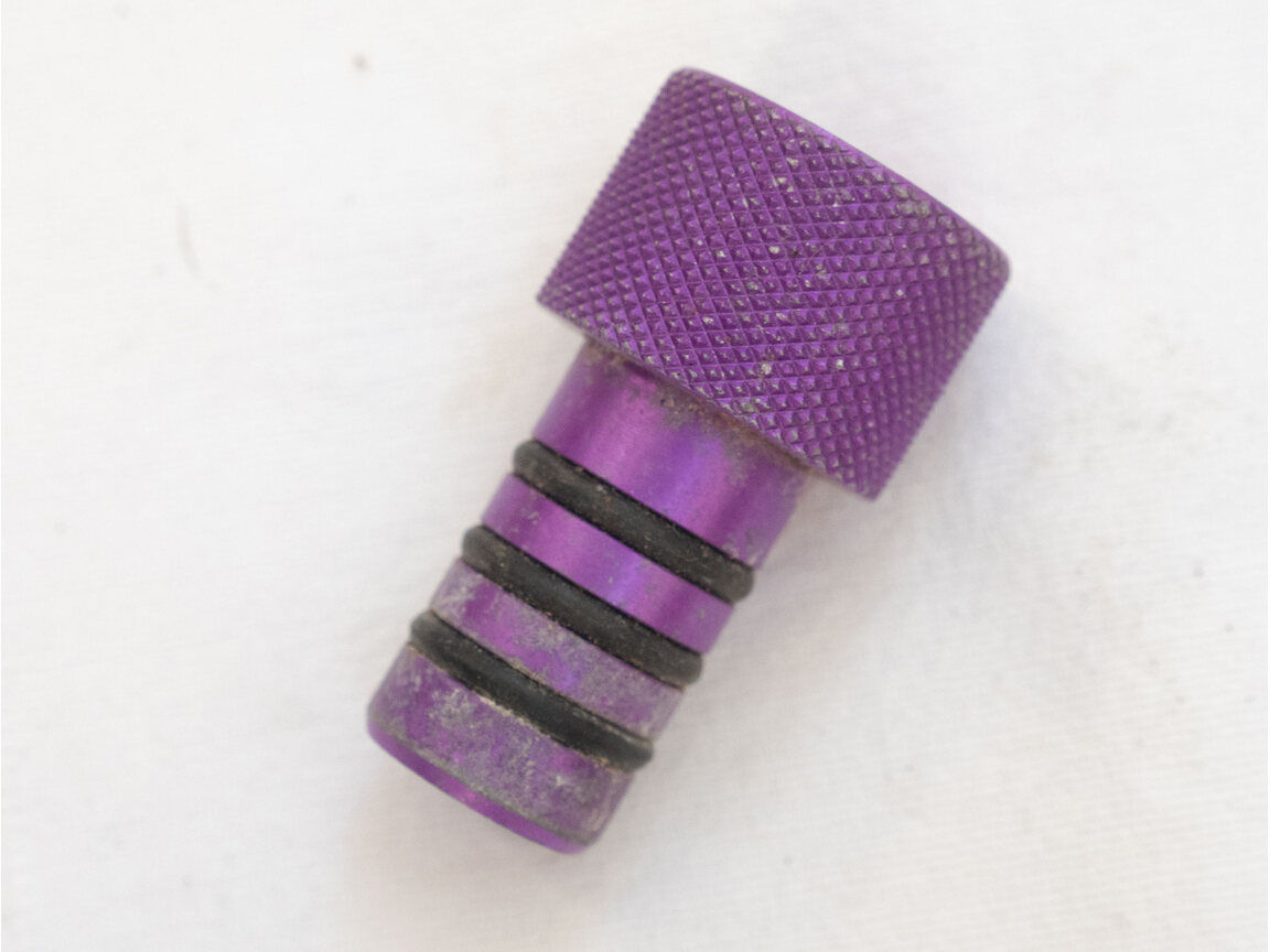 2 inch knurled barrel plug, used shape, purple anodized aluminum
