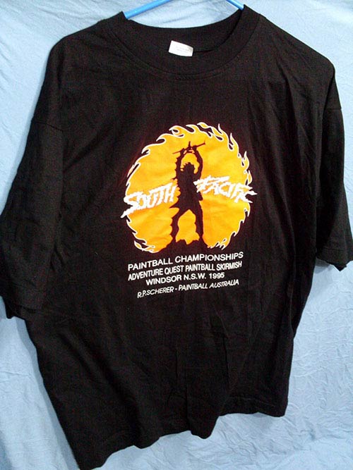 Used shape South Pacific Paintball Championship 1995 T-shirt. Used Size XXL.