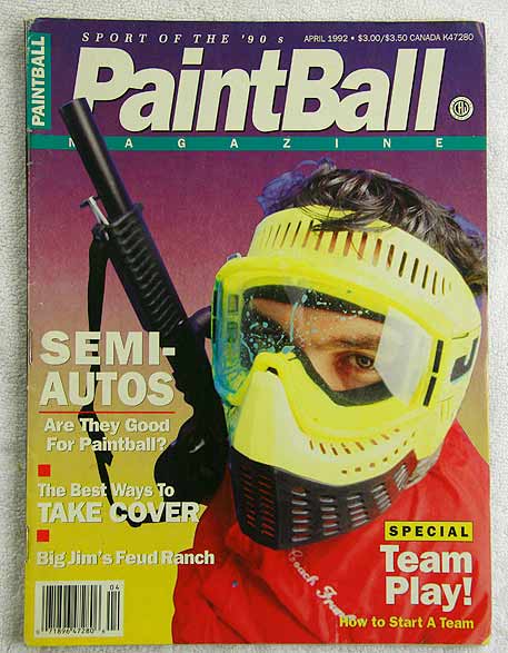 Paintball Magazine April '92 in fair-good shape, wear on top and bottom of spine, and corners. Small creases.