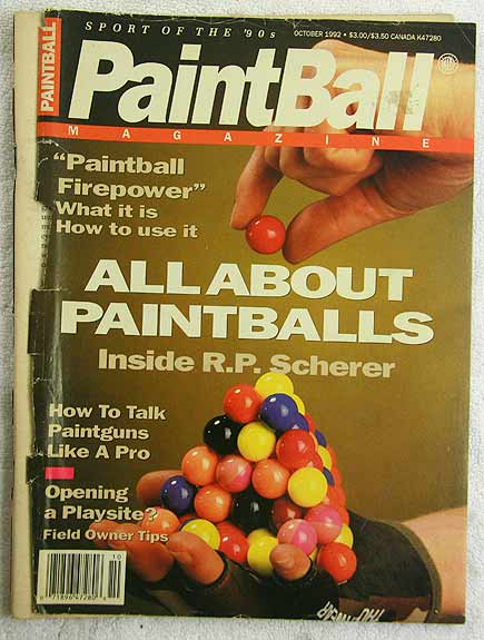 Paintball Magazine October '92 in bad shape, front cover is ripped off, back cover is still attached.
