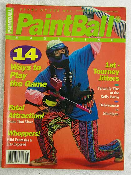 Paintball Magazine November '92 in fair-good shape, lightly worn corners, light ding on bottom of spine, light ripping at staples on spine and wear on spine