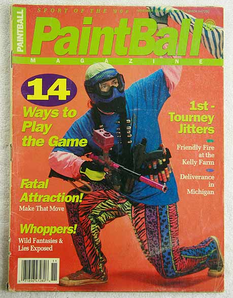 Paintball Magazine November '92 in poor-fair shape, wear on cover, ripping at staples on spine, rip at base of spine, and wear on spine.