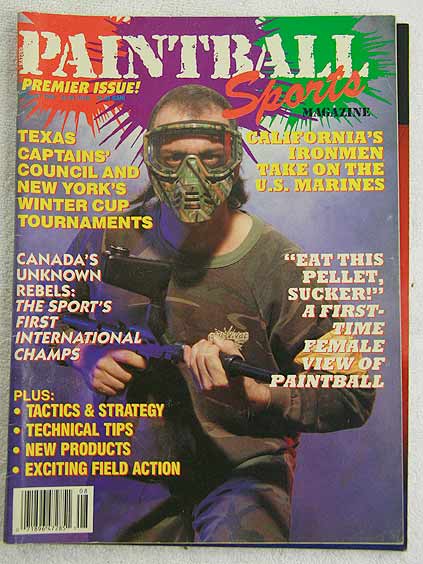 Premier Paintball Sport Magazine, August '89 in fair shape, cover is bent and small tears at staples. Wear on spine and edges.