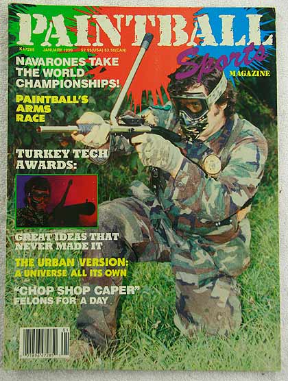 Paintball Sport Magazine, January '90 in good shape, light wear on top of spine and light creases on corners. Titles text has scuffs from storage.