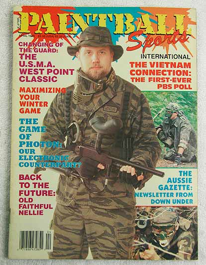 Paintball Sport Magazine, April '90 in good shape with light wear on spine and light staining around spine from wear and storage. Slight creases on corners.