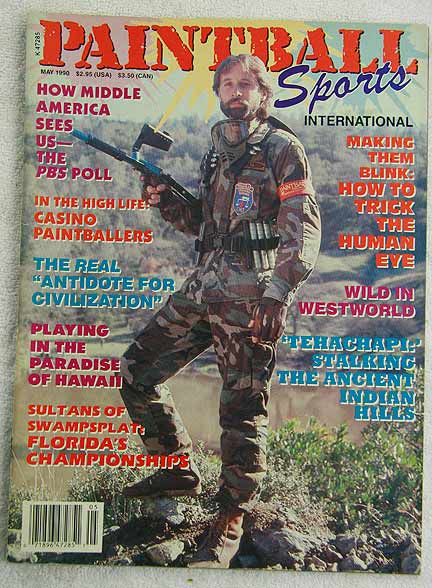 Paintball Sport Magazine, May '90 in good shape with slightly dogeared corners and wear on spine.