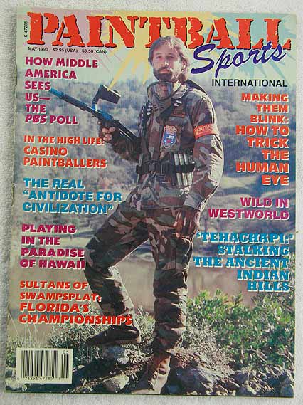 Paintball Sport Magazine, May '90 in good shape with slightly dogeared corners, wear on spine and wear on back cover.