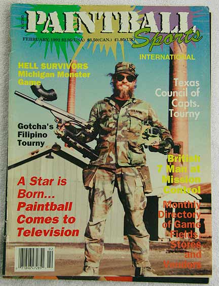 Paintball Sport Magazine, February '92 in poor shape. Cover is tear from mag at staples on spine, center 2 bound pages are no longer attached and wear on spine.