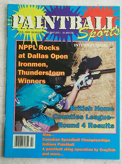 Paintball Sport Magazine, July '93 in fair-good shape, light wear on corners and spine and ding on bottom of spine and crease on top of spine corner.