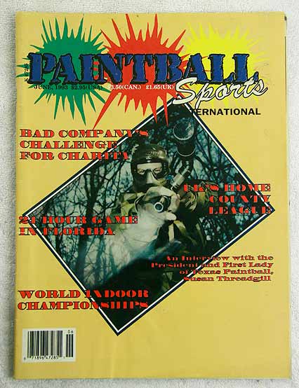 Paintball Sport Magazine, June '93 in fair-good shape.Wear on spine, slightly dirty from wear on cover (staining on yellow of cover). 